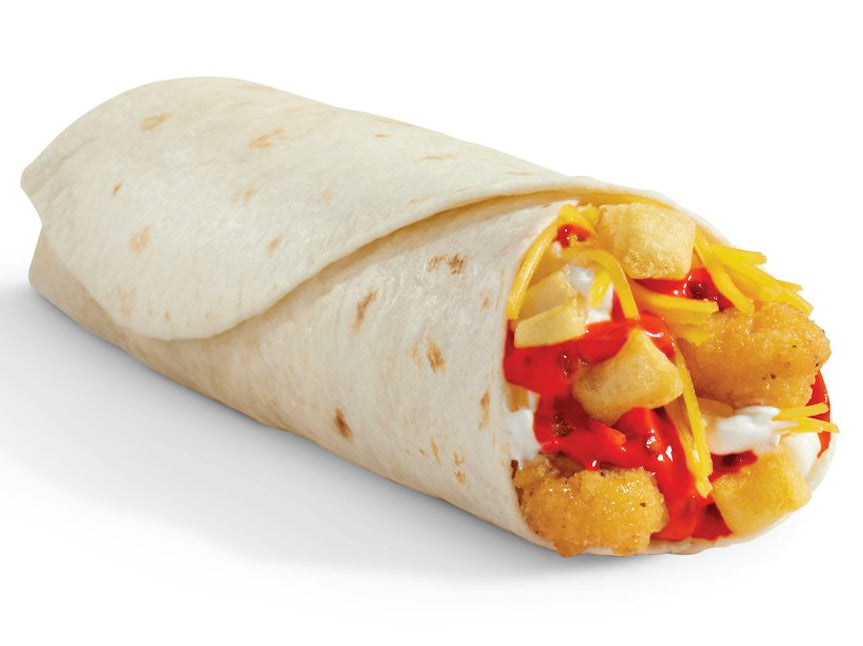 A burrito filled with golden fried potatoes, shredded yellow cheese, red sauce, and white sauce.