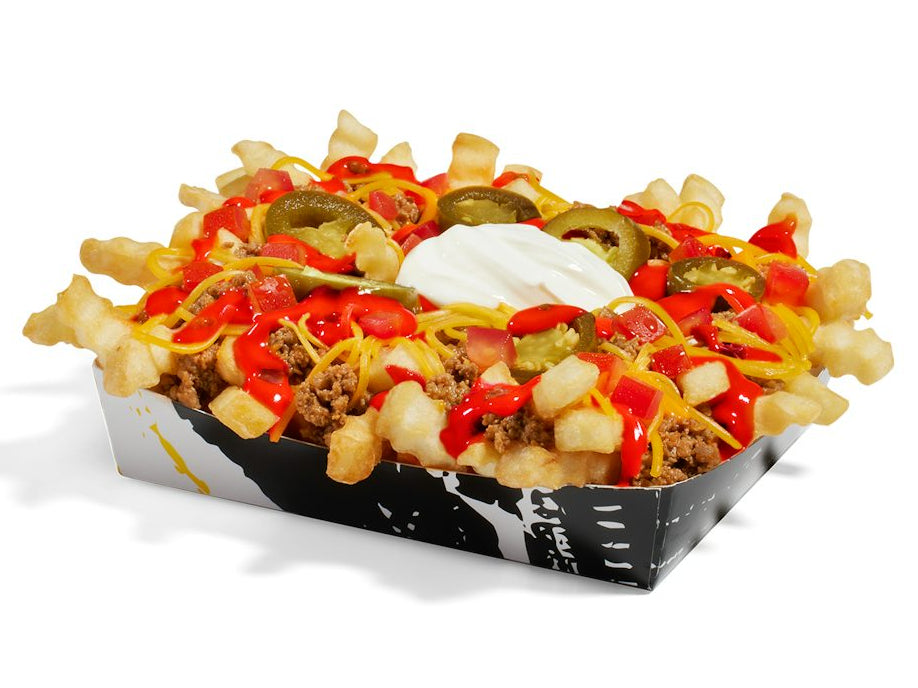 French fries topped with cheese, ground beef, sliced jalapeños, red bell peppers, sour cream, and ketchup.