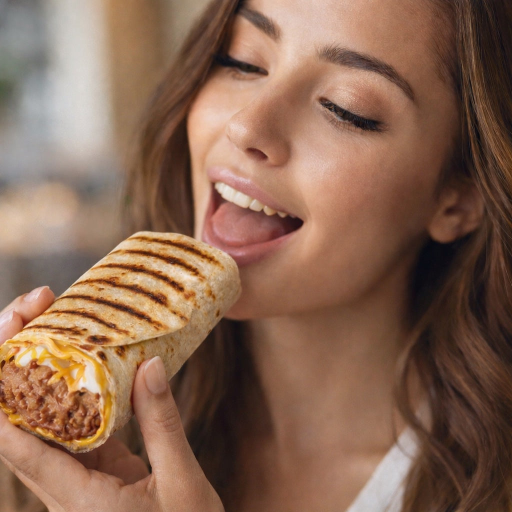 Woman taking a bite out of a burrito with bean filling