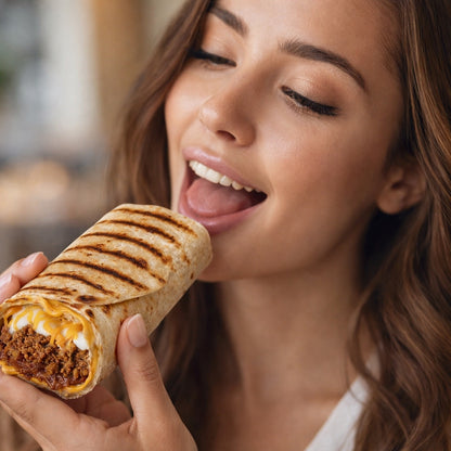 Woman taking a bite out of a burrito with seasoned beef filling