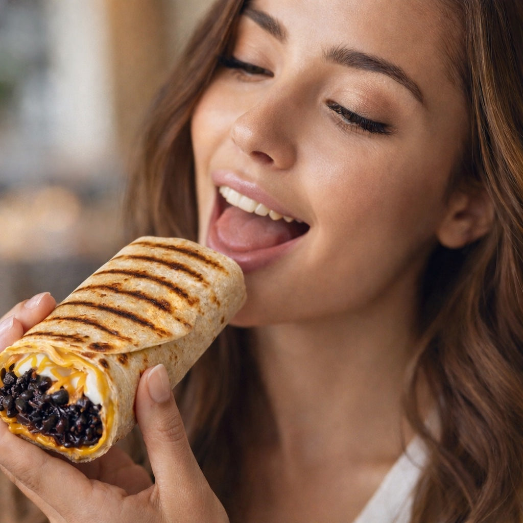 Woman taking a bite out of a grilled burrito with black bean filling