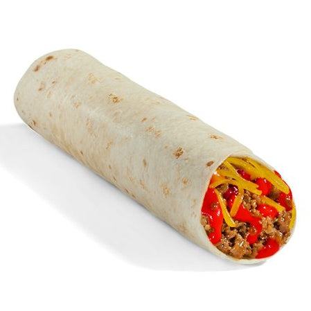 A burrito wrap filled with ground meat, red peppers, and shredded cheese.