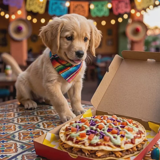 Adorable puppy eating the new Cantina Mexican Pizza