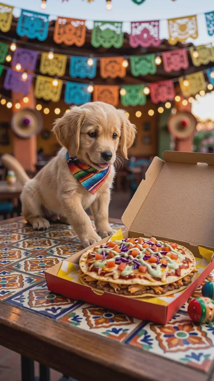 Adorable puppy eating the new Cantina Mexican Pizza
